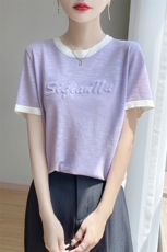 夏季新款竹节麻拼色圆领立体字母短袖女修身显瘦百搭时尚休闲上衣，女装T恤，暖娇绒包芯纱店
