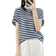 100%纯棉短袖t恤女24夏季新款娃娃领薄款条纹设计感短款半袖上衣，女装T恤，臻维羊绒