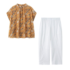 2026新款夏季度假风天丝碎花短袖衬衫九分裤休闲时尚女两件套套装，女装衬衫，梦懿尔