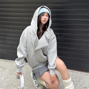 抖音得物品质 26春装美式重磅结构斜拉链高领连帽卫衣开衫外套W61图片