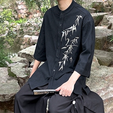 现货男士新中式立领刺绣透气中袖衬衫上衣T29-P65控89，男装衬衫，电商A021