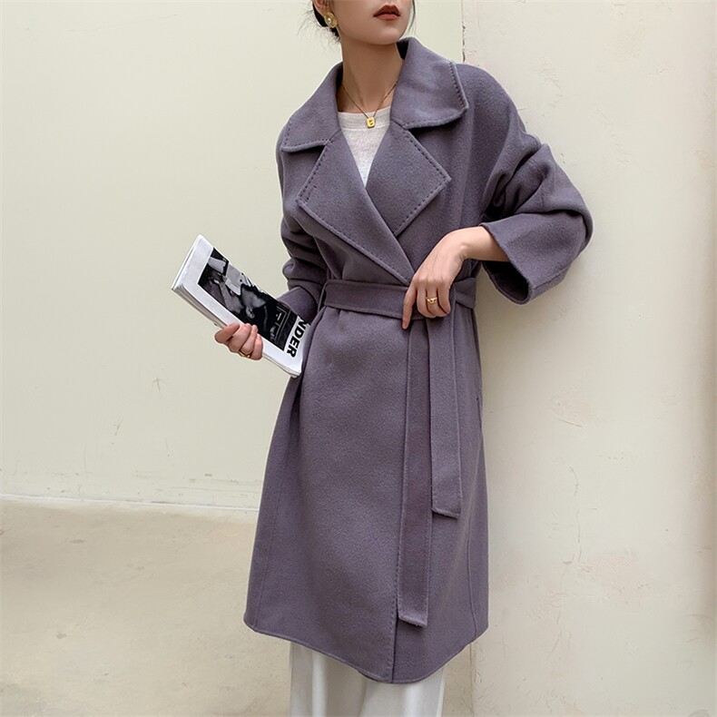 翻领双面羊绒大衣女中长款2024新款秋冬毛呢外套,女装双面呢大衣,鹿展羊绒大衣