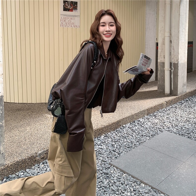 复古咖色短款皮衣外套女秋季2025新款高级感穿搭又酷又飒pu皮夹克,女装皮衣,2C212