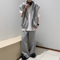 夏季运动套装休闲男宽松拉链无袖背心搭配条纹直筒长裤W4896-P65，男装休闲套装，星座412-3