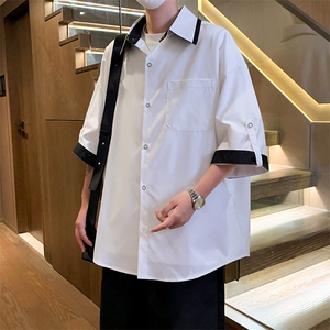 C161/P40夏季新款满天星个性撞色衬衣男短袖五分袖衬衫男宽松上衣图片