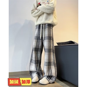加绒加厚冬款男毛呢复绒条纹拼接弯刀保暖直筒长裤h062P52