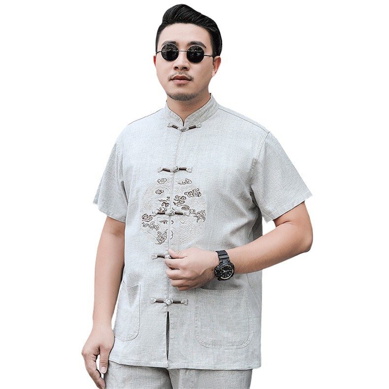 M-7XL夏季男式短袖唐装中国风亚麻爸爸棉麻衬衫加肥大码1809,男装衬衫,星座802