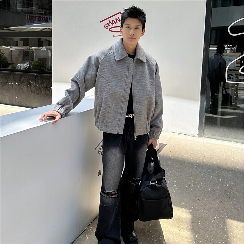 双拉链毛呢夹克外套秋冬短款呢子大衣宽松妮子风A236-JK635-P165,男装毛呢大衣,电商A236
