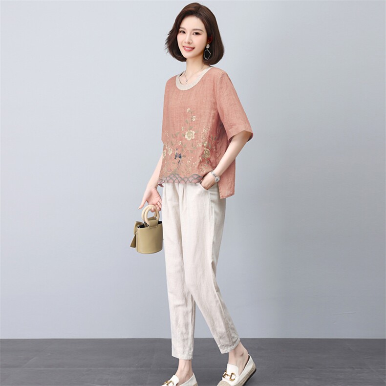 新中式刺绣苎麻衬衫套装女2025夏季新款妈妈宽松亚麻九分裤两件套,女装套装/套裙,璐依舞