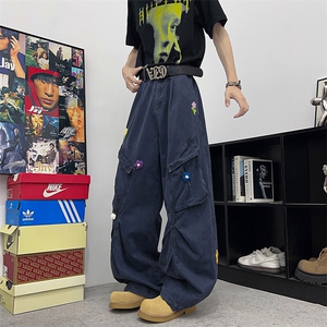 2025夏季新款直筒工装裤男女美式宽松花花刺绣伞兵裤KZ0126-P70图片