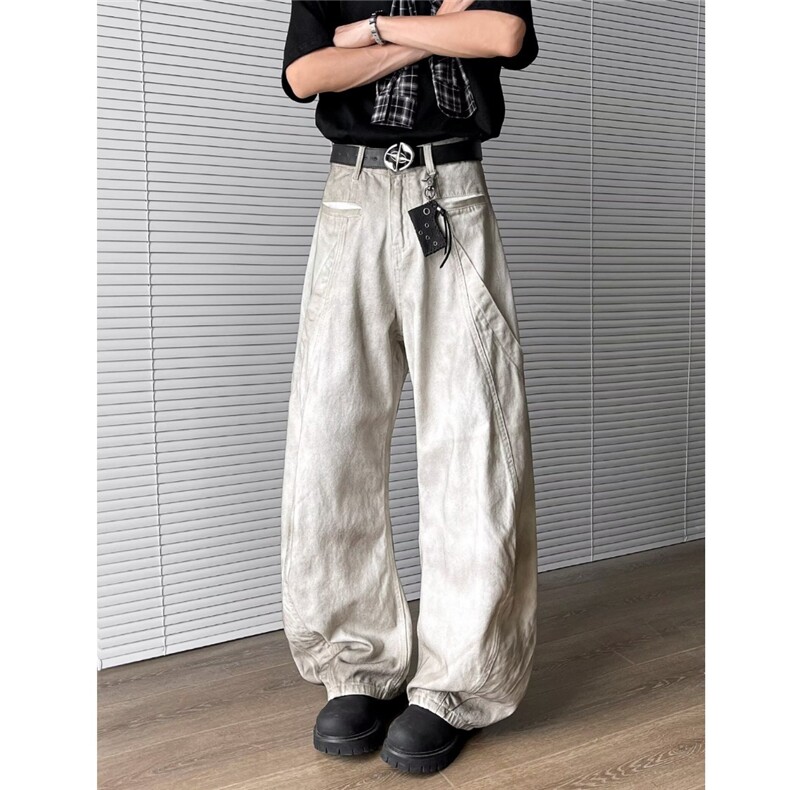 美式高街重工弯刀白色牛仔裤女宽松水洗做旧脏染阔腿裤休闲拖地裤,男装牛仔裤,星座410-6（原星座1304-1）
