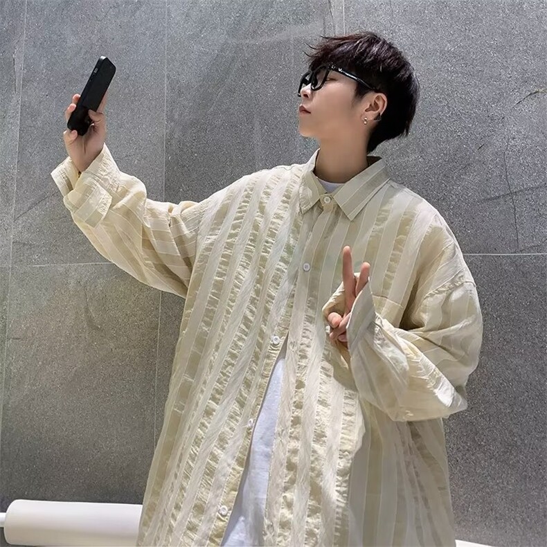 条纹长袖衬衫男休闲潮牌日系港风青少年韩版潮流CS911P40,男装衬衫,星座410-2