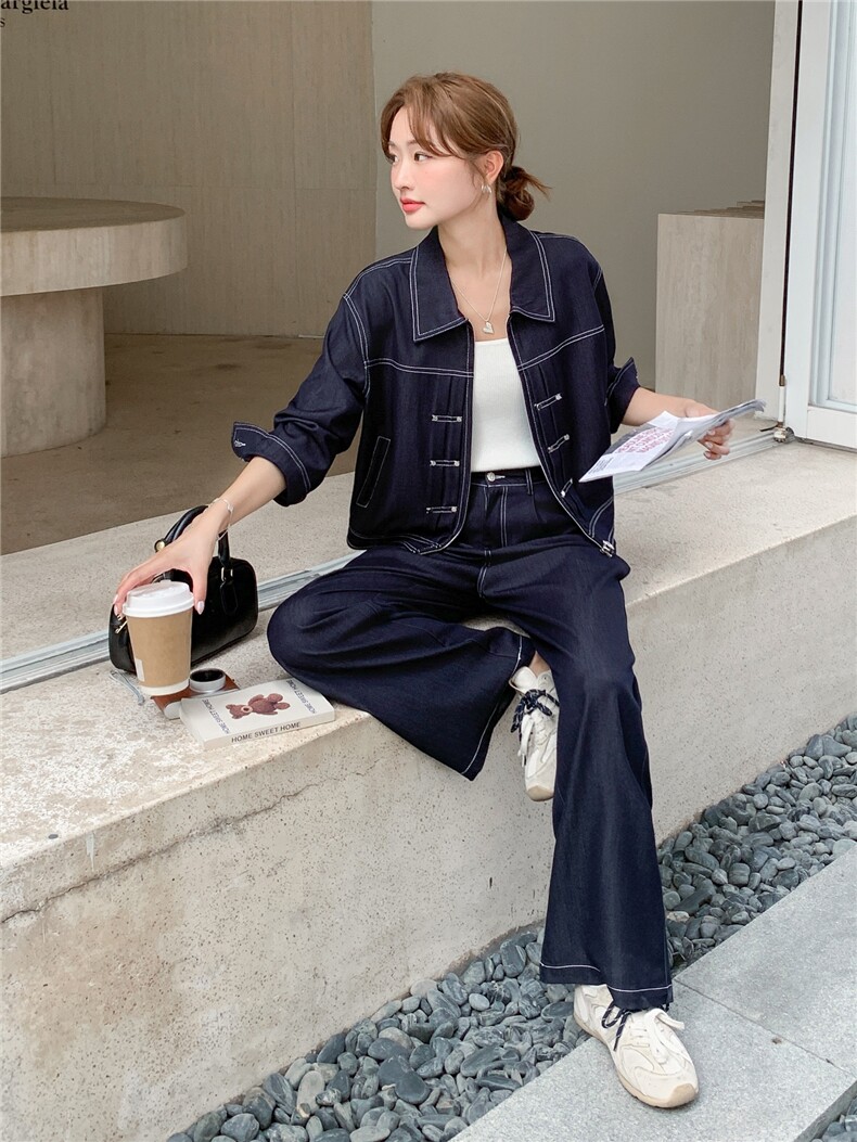 （新款现货）2026春装时尚潮流天丝牛仔拉链阔腿裤套装两件套,女装套装/套裙,印象茜