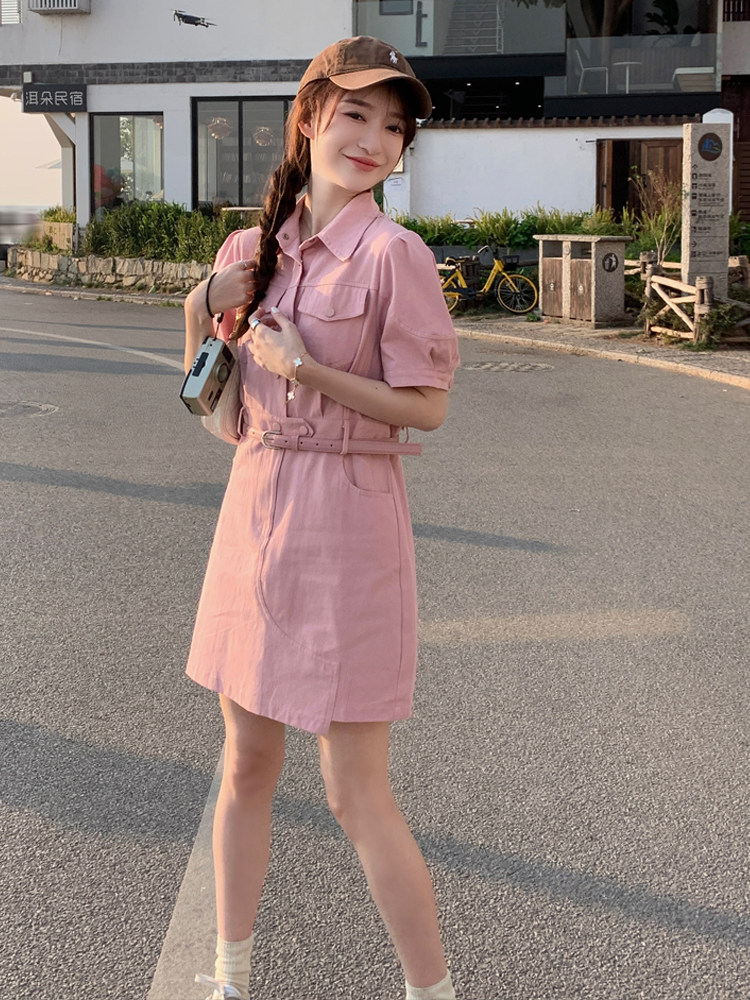 时尚粉色短款工装连衣裙收腰显瘦小个子甜美减龄气质洋气短裙女夏,女装连衣裙,浙宝192（原082）