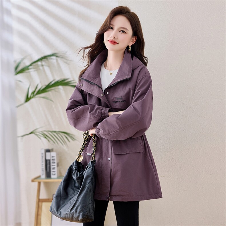 风衣女中长款2025新款宽松显瘦收腰减龄连帽休闲早春外套女春秋款,女装风衣,依万里