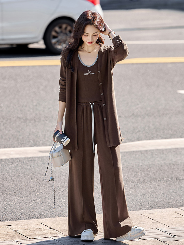 休闲时尚慵懒风气质套装女2025春秋新款洋气减龄宽松阔腿裤三件套,女装套装/套裙,伊仟回