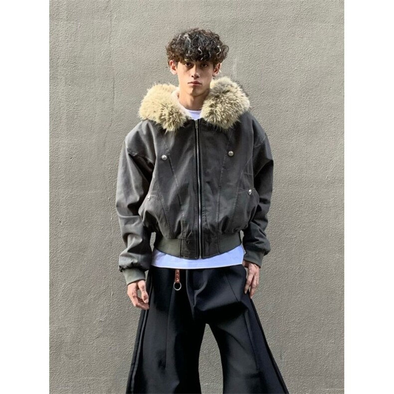 黑色大毛领派克服棉服秋冬新款宽松短款夹克保暖厚外套,男装夹克,四季星座505
