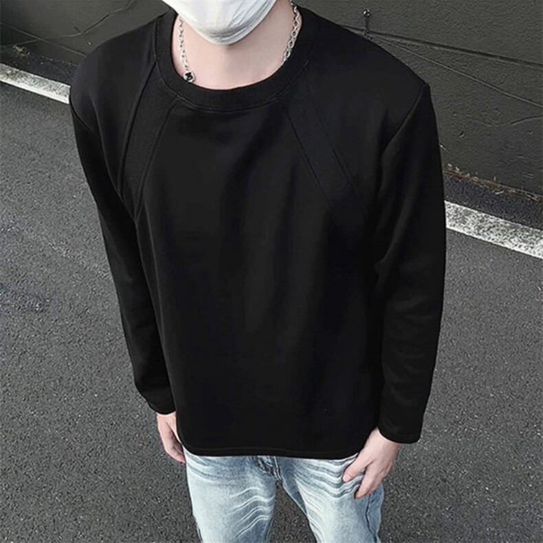 抖音得物品质26春装美式高街宽松曼巴棉螺纹拼接卫衣圆领长袖T恤,男装T恤,电商A443