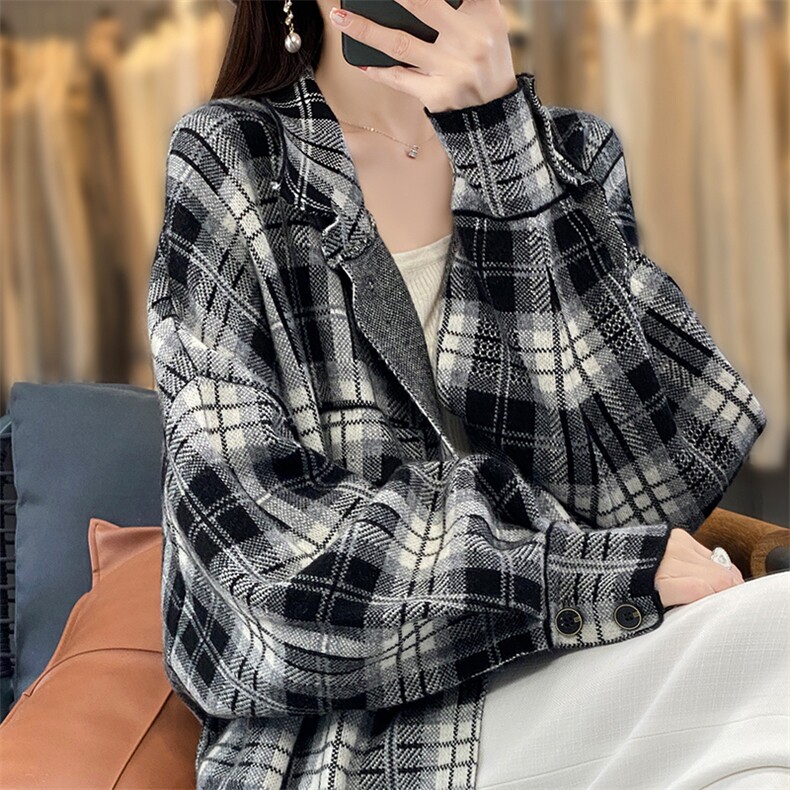 秋冬新款中长款羊绒开衫女西装领黑白格大衣宽松慵懒羊毛针织外套,女装毛呢外套,优麦羊绒（原洪叶羊绒）