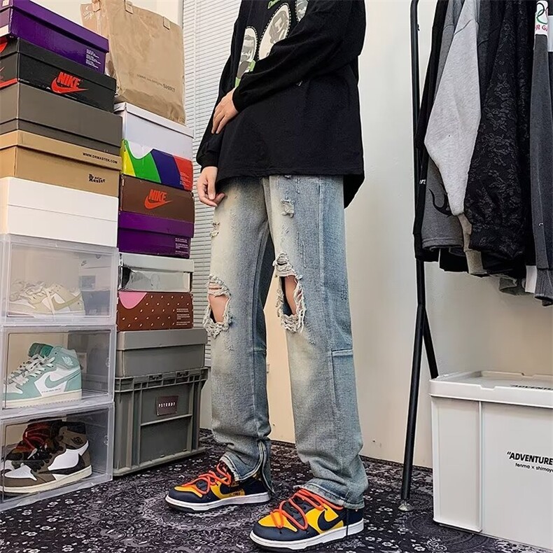 夏季薄款破洞牛仔裤男款修身直筒美式休闲乞丐裤子,男装牛仔裤,星座410-6（原星座1304-1）