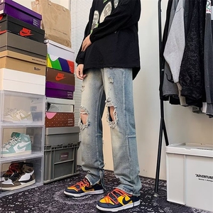 夏季薄款破洞牛仔裤男款修身直筒美式休闲乞丐裤子图片