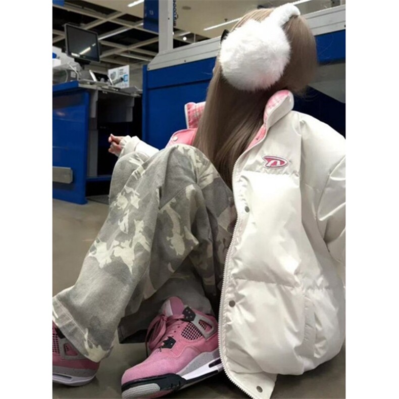 复古粉色格子撞色字母刺绣双面穿棉服女冬加厚棉衣外套M7659,男装棉衣,星座1116A（原606A-3）
