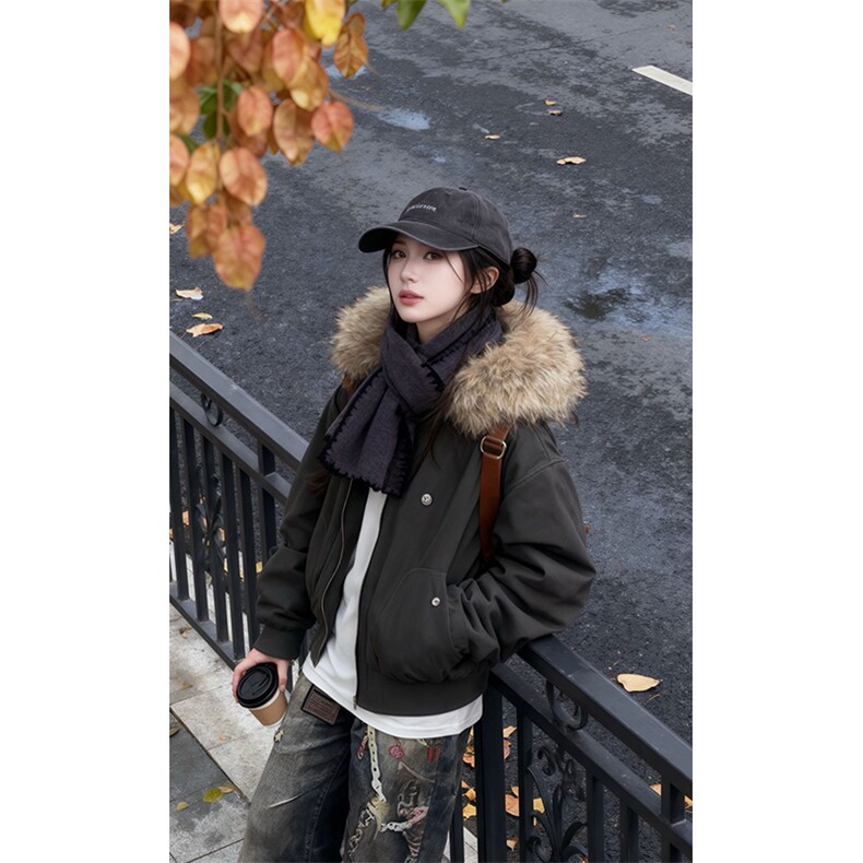 现货重磅boxy短款棉衣座山雕大毛毛领男女棉服水洗工装厚外套，男装棉衣，电商A486-1