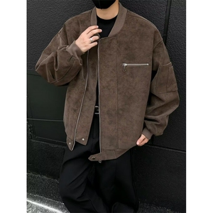 秋冬新款开衫夹克美式复古休闲慵懒风男纯色外套jk113p68图片
