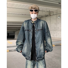 JK8936-P69美式复古水洗做旧拉链口袋牛仔外套男女潮流痞帅，男装工装外套，电商B323A