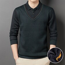 2023秋冬新款加绒假两件针织衫休闲翻领毛衫套头毛衣男DDD165-P80，男装针织衫/毛衣，电商B212（原钱塘6029）