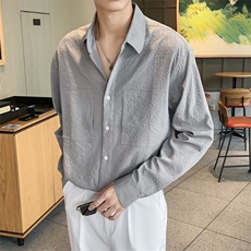新潮颗粒感面料纯色翻领衬衫韩风高级感长袖男士衬衣薄外套C905，男装衬衫，星座1116A-2（原606A-1）