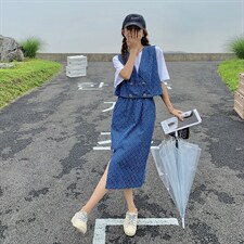 主推现货格纹牛仔背心+T恤上衣+裙子三件套，女装套装/套裙，菡迪欧娜