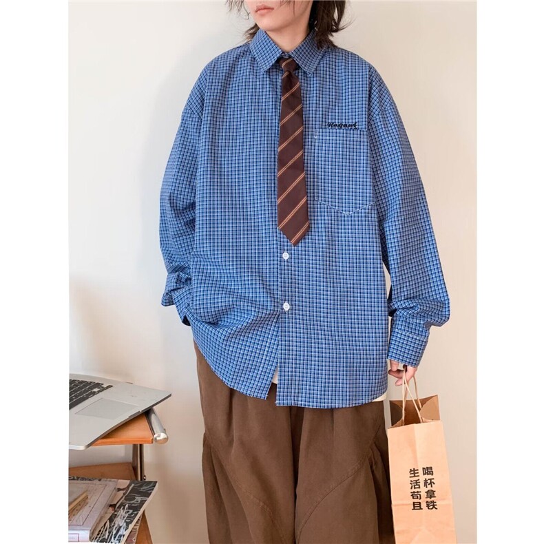 美式复古慵懒宽松蓝色格子长袖衬衫男2026新款百搭C215/P33,男装衬衫,星座506