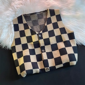 棋盘格撞色开衫毛衣马甲慵懒风情侣宽松V领针织背心Y6613P38图片