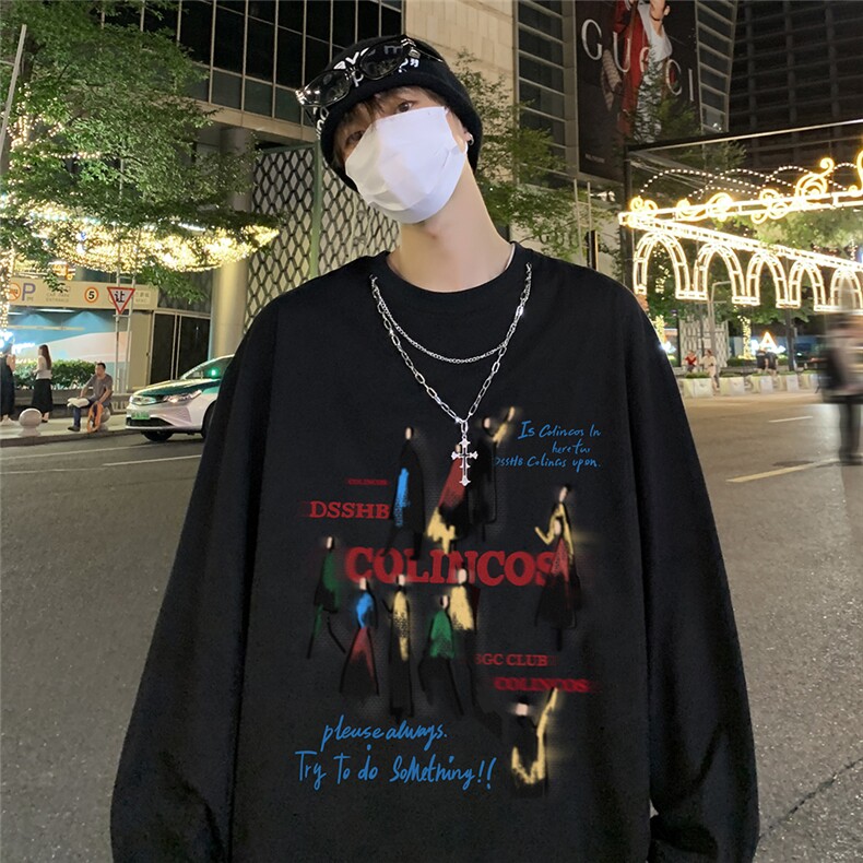 特批港风夜景秋款宽松个性链条长袖圆领T恤TPCT011P40,男装T恤,电商A247
