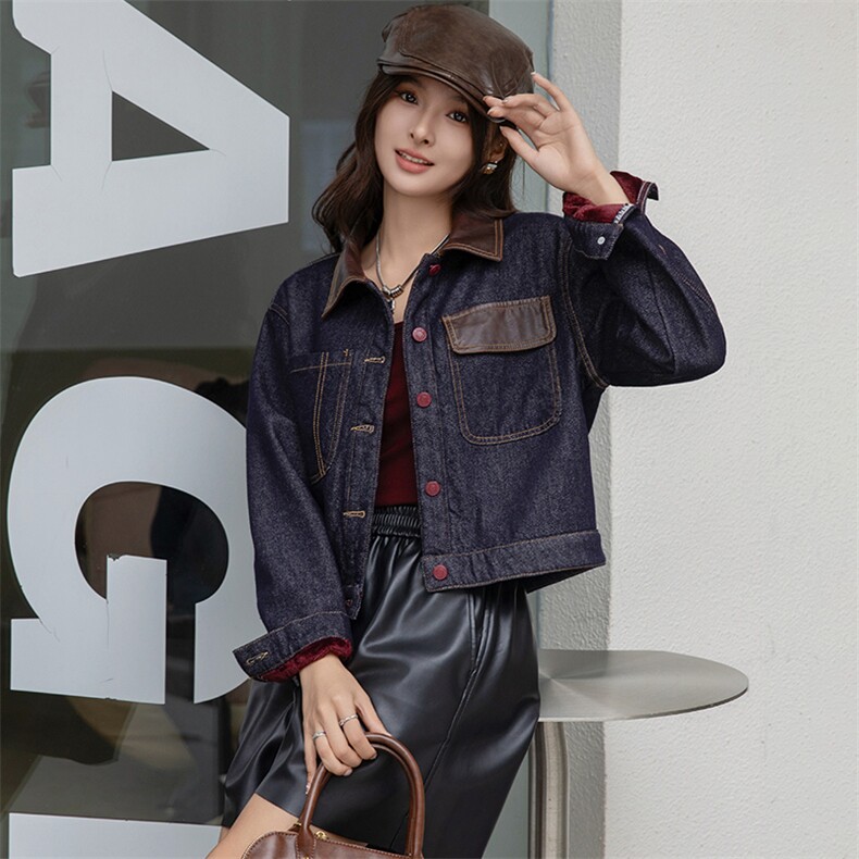 安可拉红牛仔外套女高级感撞色上衣2024秋冬加绒加厚PU皮拼接夹克，女装牛仔外套，江南女神