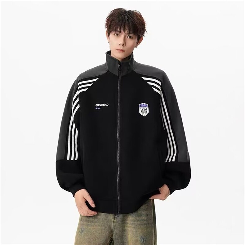 港风秋款男卫衣开衫三条杠条纹撞色印花运动夹克外套WY0052P45,男装夹克,星座1013-1
