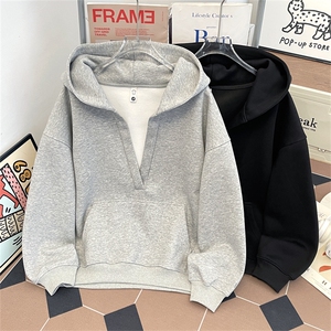 港风秋款男女连帽卫衣V领宽松休闲夹克外套450g纯棉复合WY052 P68图片