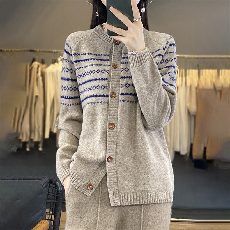 法式费尔岛提花100纯羊毛针织开衫女2025新宽松显瘦毛衣外套上衣,女装羊毛衫,郡淞羊绒