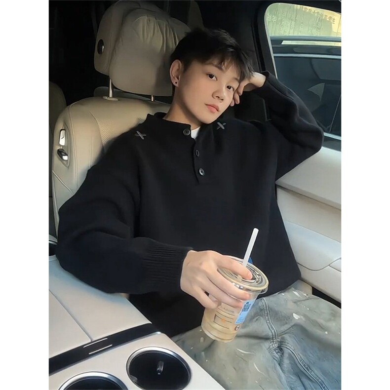 网图美式黑色刺绣亨利领毛衣内搭打底针织衫慵懒A025-CM15161-P55图片