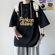 夏季港风冰丝宽松连帽短袖t恤五分体恤上衣TLM235-P40控58，男装T恤，电商B370