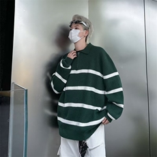 美式高街条纹翻领毛衣男潮牌半拉链设计套头针织衫上衣，男装针织衫/毛衣，星座410-7