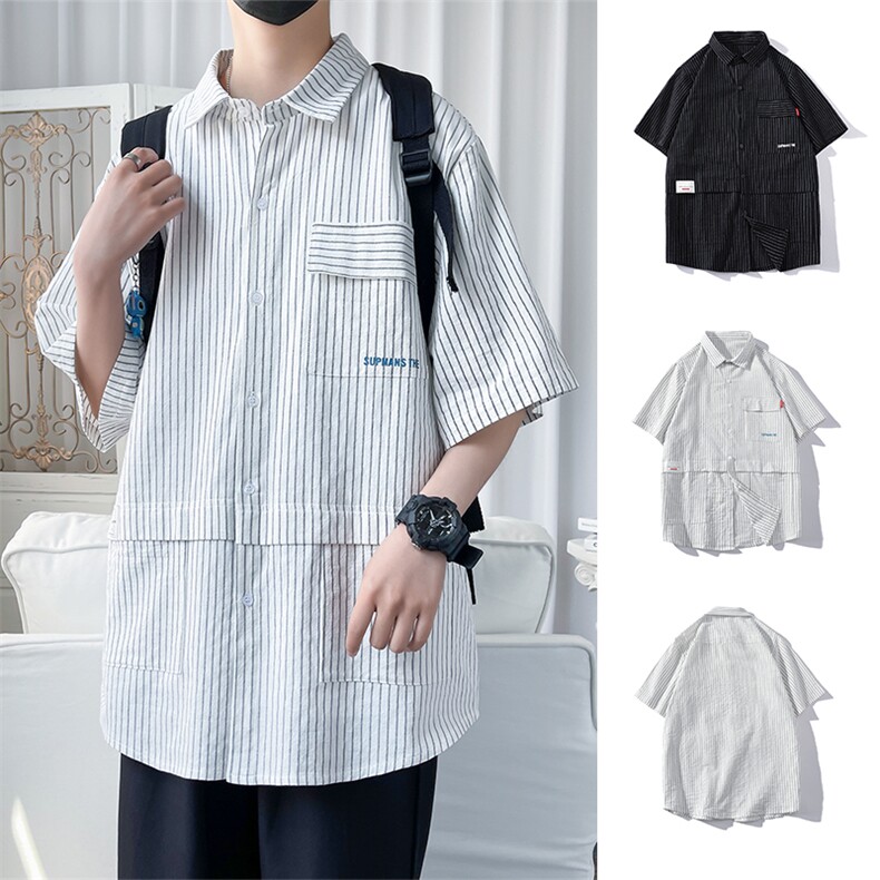 货足8XL-M 2023夏季新款美式高街条纹短袖衬衫男胖子衬衣加肥加大图片