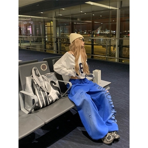 NECOYEP 美式破洞字母印花抽绳阔腿卫裤男女宽松休闲百搭直筒长裤图片