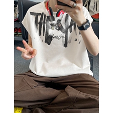 夏季新款潮流字母印花麂皮绒宽松无袖T恤背心bxjp303-特批19控38，男装T恤，电商B315