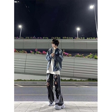 高街破洞牛仔裤男女宽松做旧阔腿裤美式直筒拖地裤情侣MA143-p52，男装牛仔裤，星座1008