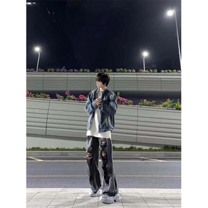 高街破洞牛仔裤男女宽松做旧阔腿裤美式直筒拖地裤情侣MA143-p52图片