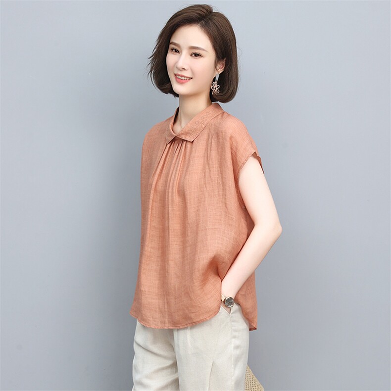 2022年夏季新款苎麻衬衫女短袖简约衬衣妈妈棉麻夏装上衣,女装衬衫,忆绮罗