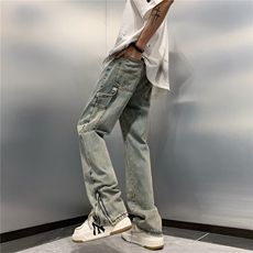 高街牛仔裤男款水洗做旧潮牌炸街宽松拉链开叉阔腿裤子N1706-P53，男装牛仔裤，星座1008