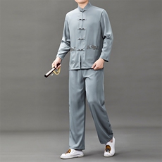 中老年唐装爸爸春装长袖风棉麻套装爷爷老人复古绣花太极服，男装休闲套装，钱塘6003B